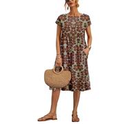 Larmliss Baggy Crew Neck Dress for Women Casual Comfy Cotton Short Sleeve Tunic Beach Clothes with Pockets, Z-Short-Print Coffee, XL