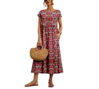 Larmliss Baggy Crew Neck Dress for Women Casual Comfy Cotton Short Sleeve Tunic Beach Clothing Dresses with Pockets, Y-Long-Print-red, XXL
