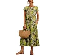 Larmliss Baggy Crew Neck Dress for Women Summer Casual Comfy Cotton Short Sleeve Tunic Beach Maxi Dresses Clothes with Pockets, Y-long-print-yellow, M