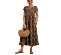Larmliss Baggy Crew Neck Dress for Women Summer Casual Comfy Cotton Short Sleeve Tunic Beach Maxi Dresses with Pockets, Y-long-print-coffee, M