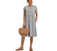Larmliss Baggy Crew Neck Dress for Women Summer Casual Comfy Cotton Short Sleeve Tunic Beach Midi Clothing Dresses with Pockets, Short-grey, S