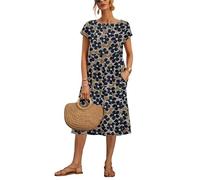 Larmliss Baggy Crew Neck Dress for Women Summer Casual Comfy Cotton Short Sleeve Tunic Beach Midi Dresses with Pockets, Z-short-print Dark Blue, L
