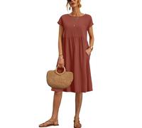 Larmliss Baggy Crew Neck Dress for Women Summer Casual Comfy Cotton Short Sleeve Tunic Beach Midi Dresses with Pockets, Short-Orange, M