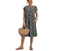 Larmliss Baggy Crew Neck Dress for Women Summer Casual Comfy Cotton Short Sleeve Tunic Beach Midi Dresses with Pockets, Z-short-print Blue, M