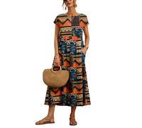 Larmliss Baggy Crew Neck Women's Clothing Dress, Women's Dresses Casual Comfy Cotton Short Sleeve Tunic Beach with Pockets, Y-Long-Print-Black, XXL