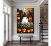LARNT Ghost Canvas Wall Art, Ghost in Witch Hat Canvas Print, Cute Halloween Wall Decor, Vintage Gothic Canvas Wall Art, Haunting Ghost, Halloween Home Decor (Black Framed, 24"x36"|62x92cm)