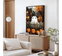 LARNT Ghost Canvas Wall Art, Ghost in Witch Hat Canvas Print, Cute Halloween Wall Decor, Vintage Gothic Canvas Wall Art, Haunting Ghost, Halloween Home Decor (Black Framed, 32"x48"|82x122cm)