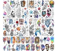 LAROI 31 Sheets Watercolor Temporary Tattoos For Kids Women Men Adults, Rose Peony Flower Fake Tattoo Stickers, Colorful Planets Star Animals Tattoos Tiger Wolf Lion Unicorn Astronaut Compass Anchor