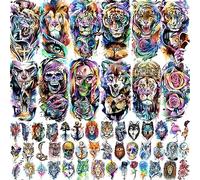LAROI 55 Sheets Watercolor Temporary Tattoos For Women Men Arm Adults Kids, Waterproof Realistic Temp Water Transfer Tattoo Stickers, Animals Tiger Wolf Skull Skeleton Lion Flower Water Color Tattoos