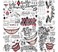LAROI 6 Sheets 3D Halloween HQ and Joker Temporary Tattoos For Men Women Adults, DIY Fake Joker Face Tattoo Stickers, Halloween Makeup Kit Decals Prisoner Costume Cosplay Party Rave Accessories
