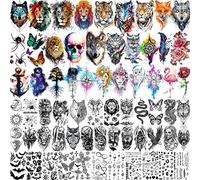 LAROI 66 Sheets Cool Small Black And Multicolor Temporary Tattoos For Women Men, 3D Lion Wolf Tiger Skeleton Watercolor Long Lasting Temp Fake Tattoo Stickers For Adults, Snake Moon Tattoo Dragon