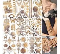 LAROI 9 Sheets 95+ PCS Flash Gold Temporary Tattoos For Women Hands Girl, Bohemia Fake Metallic Tattoo Stickers Butterfly Elephant Snake Lotus, Golden Glitter Tattoo Skull Mandala Flower Dreamcatcher
