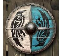 Larp Warrior Viking Shield - Medieval Round Shield with Wood & Steel Bird Design, Nautical Replica Armor for Halloween, Templar & Norse Decor #B