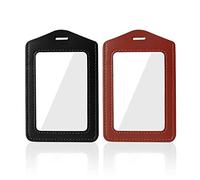 Larpur Pack of 2 Genuine Leather ID Badge Holders, Vertical ID Card Holders with Clear ID Window, Suit for Office, Staff, Students, Employees(2 Sided Clear)