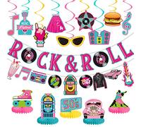 LARRAZABAL 25pc 50's Party Decorations: Rock & Roll Banner, 50s Theme Garland, Foil Swirls & Honeycomb Centerpieces for Rock Music Theme Party