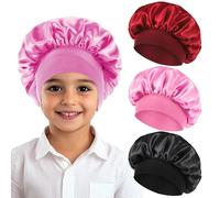 Larrel 3 Pcs Satin Bonnet for Kids, Comfortable Breathable Kids Satin Bonnet Hair Bonnets for Sleeping Kid Children Natural Long Short Hair Overnight(Black, Pink, Burgundy)