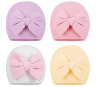 Larrel 4PCS Preemie Hats, Bow Cap for Baby, Cotton Preemie Caps, Newborn Hospital Cap for Premature Girls and Boys, Warm Hospital Premature Baby Cotton Beanie (Beige/Purple/Pink/White)