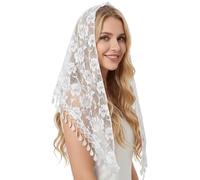 Larrel Lace Mantilla Veil, Elegant Lace Head Scarf for Weddings, Triangle Women Head Covering with Floral Pattern for Church Wedding Special Occasions(White)