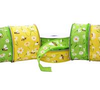 LarryRoo 25mm, 38mm, 63mm Wide Woven Wired Edge Spring Summer Bumble Bee & Flowery Ribbon In Yellow Or Green (Green, 2 Metres X 38mm)