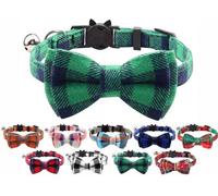 LarryRoo Cat Collar With Bell And Bow Tie, Quick Release Safety Buckle Collars For Kitten And Cats, Soft Tartan Design (Green & Blue)