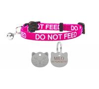 LARRYROO Cat Collar with DO NOT Feed Print - Soft Nylon & Safety Release Buckle - with Personalised Engraved Silver Cat Face ID Tag (Pink)