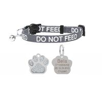 LARRYROO Cat Collar With DO NOT FEED Print - Soft Nylon & Safety Release Buckle - With Personalised Engraved Glitter Paw Print Shape ID Tag (Silver)