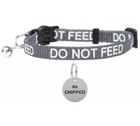 LARRYROO Cat Collar With DO NOT FEED Print - Soft Nylon & Safety Release Buckle - With Personalised Engraved Round Silver ID Tag with IM CHIPPED Print (Silver)
