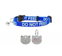 LARRYROO Cat Collar With DO NOT FEED Print - Soft Nylon & Safety Release Buckle - With Personalised Engraved Silver Cat Face ID Tag (Blue)