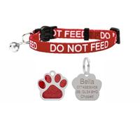LARRYROO Cat Collar With DO NOT FEED Print - Soft Nylon & Safety Release Buckle - With Personalised Engraved Glitter Paw Print Shape ID Tag (Red)