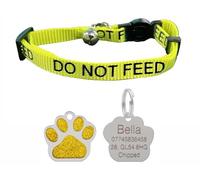 LARRYROO Cat Collar With DO NOT FEED Print - Soft Nylon & Safety Release Buckle - With Personalised Engraved Glitter Paw Print Shape ID Tag (Yellow)