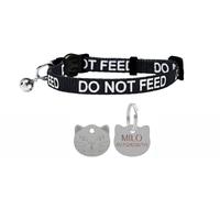 LARRYROO Cat Collar With DO NOT FEED Print - Soft Nylon & Safety Release Buckle - With Personalised Engraved Silver Cat Face ID Tag (Black)