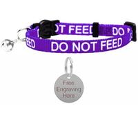 LARRYROO Cat Collar with DO NOT Feed Print - Soft Nylon & Safety Release Buckle - with Personalised Engraved Round Silver ID Tag (Purple)