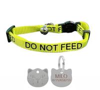 LARRYROO Cat Collar With DO NOT FEED Print - Soft Nylon & Safety Release Buckle - With Personalised Engraved Silver Cat Face ID Tag (Yellow)
