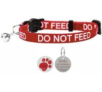 LARRYROO Cat Collar with DO NOT Feed Print - Soft Nylon & Safety Release Buckle - with Personalised Engraved Glitter Round Paw Print ID Tag (Red)