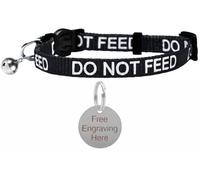 LARRYROO Cat Collar With DO NOT FEED Print - Soft Nylon & Safety Release Buckle - With Personalised Engraved Round Silver ID Tag (Black)