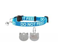 LARRYROO Cat Collar With DO NOT FEED Print - Soft Nylon & Safety Release Buckle - With Personalised Engraved Silver Cat Face ID Tag (Turquoise)