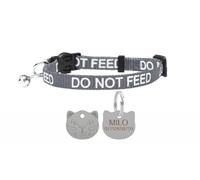 LARRYROO Cat Collar With DO NOT FEED Print - Soft Nylon & Safety Release Buckle - With Personalised Engraved Silver Cat Face ID Tag (Silver)