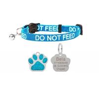 LARRYROO Cat Collar with DO NOT Feed Print - Soft Nylon & Safety Release Buckle - with Personalised Engraved Glitter Paw Print Shape ID Tag (Turquoise)