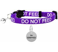 LARRYROO Cat Collar With DO NOT FEED Print - Soft Nylon & Safety Release Buckle - With Personalised Engraved Round Silver ID Tag with IM CHIPPED Print (Purple)