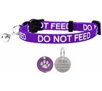 LARRYROO Cat Collar With DO NOT FEED Print - Soft Nylon & Safety Release Buckle - With Personalised Engraved 25mm Round Glitter Paw Print ID Tag (Purple)