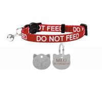 LARRYROO Cat Collar with DO NOT Feed Print - Soft Nylon & Safety Release Buckle - with Personalised Engraved Silver Cat Face ID Tag (Red)