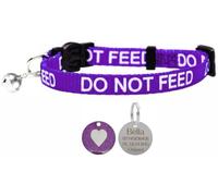 LARRYROO Cat Collar With DO NOT FEED Print - Soft Nylon & Safety Release Buckle - With Personalised Engraved 25mm Round Heart ID Tag (Purple)