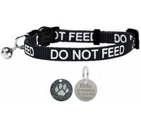 LARRYROO Cat Collar With DO NOT FEED Print - Soft Nylon & Safety Release Buckle - With Personalised Engraved 25mm Round Glitter Paw Print ID Tag (Black)