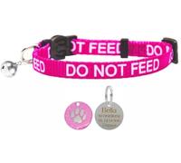 LARRYROO Cat Collar with DO NOT Feed Print - Soft Nylon & Safety Release Buckle - with Personalised Engraved 25mm Round Glitter Paw Print ID Tag (Pink)
