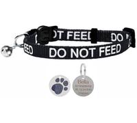 LARRYROO Cat Collar with DO NOT Feed Print - Soft Nylon & Safety Release Buckle - with Personalised Engraved Glitter Round Paw Print ID Tag (Black)