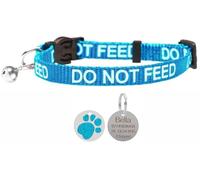 LARRYROO Cat Collar with DO NOT Feed Print - Soft Nylon & Safety Release Buckle - with Personalised Engraved Glitter Round Paw Print ID Tag (Turquoise)