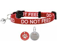 LARRYROO Cat Collar With DO NOT FEED Print - Soft Nylon & Safety Release Buckle - With Personalised Engraved 25mm Round Glitter Paw Print ID Tag (Red)