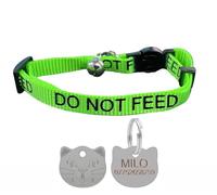 LARRYROO Cat Collar With DO NOT FEED Print - Soft Nylon & Safety Release Buckle - With Personalised Engraved Silver Cat Face ID Tag (Green)