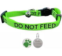 LARRYROO Cat Collar With DO NOT FEED Print - Soft Nylon & Safety Release Buckle - With Personalised Engraved Glitter Round Paw Print ID Tag (Green)