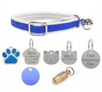 LarryRoo Cat/kitten Reflective Collar With Safety Elastic, Bell With Optional Personalised Tag (Blue, Cat Face Tag)